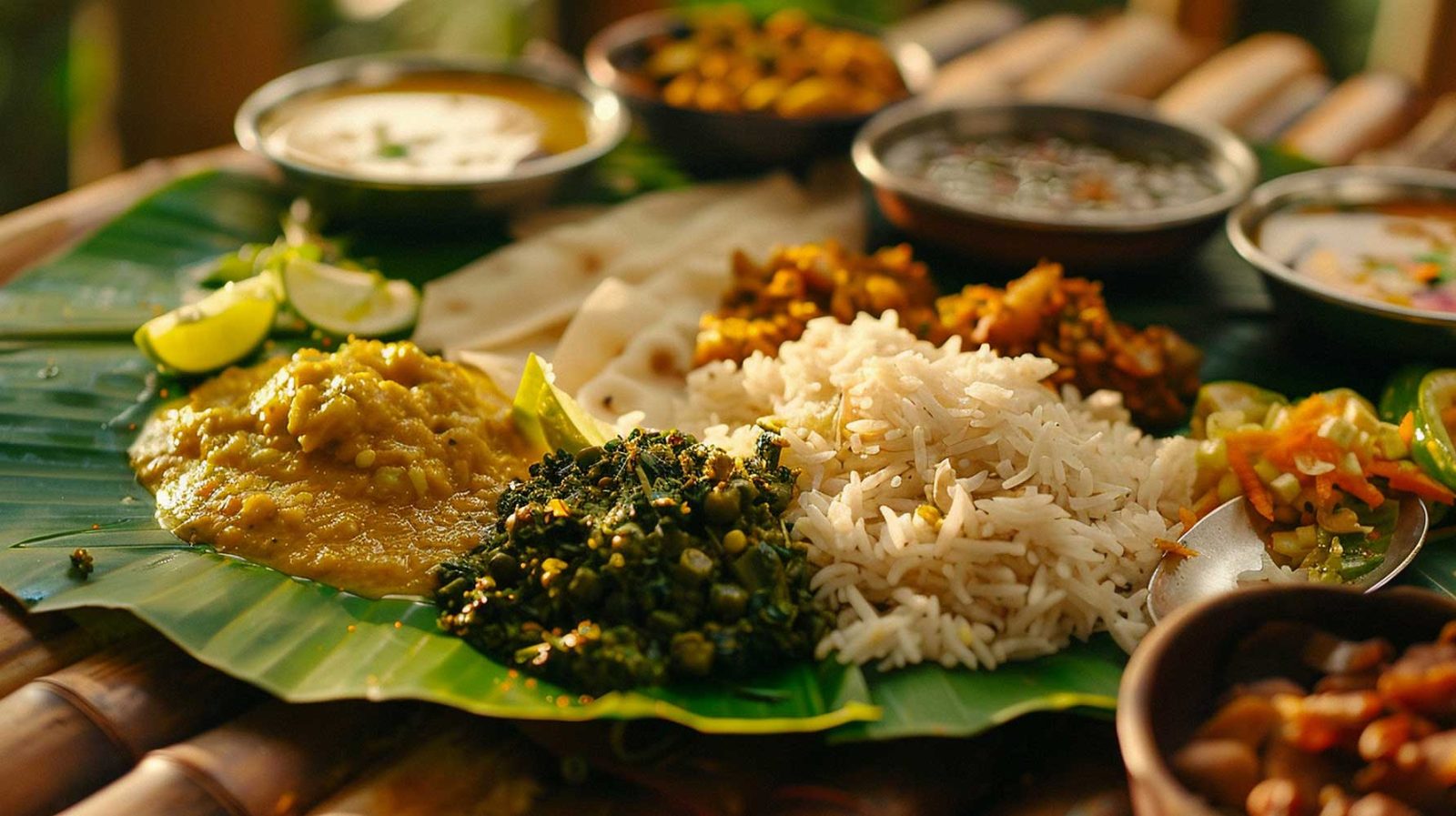 Traditional Sri Lankan food spread with rice and curry and sambols