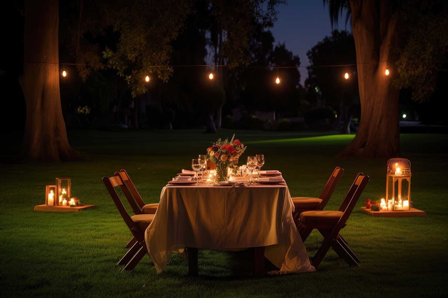 Warmly lit romantic dinner table in a Colombo restaurant courtyard