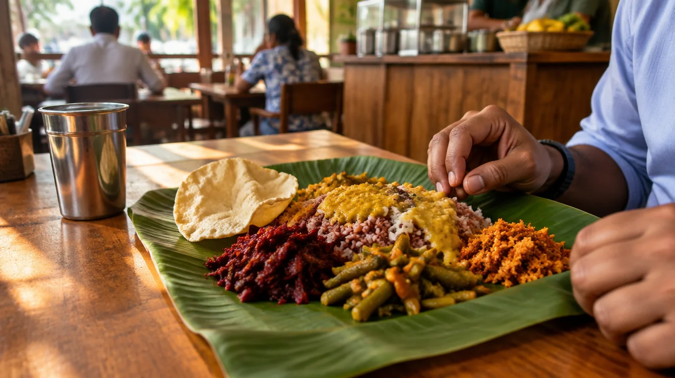 Affordable Sri Lankan rice and curry lunch with vegetable curries