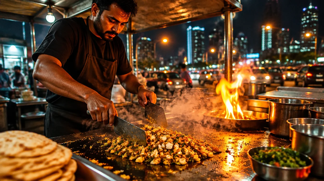 Sri Lankan kottu roti cooked on a hot griddle at night